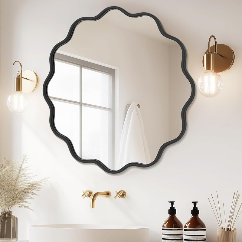 Black Round Bathroom Vanity Mirror - 36 Inch Wavy Design | Modern Wall-Mounted, Anti-Rust Tempered Glass