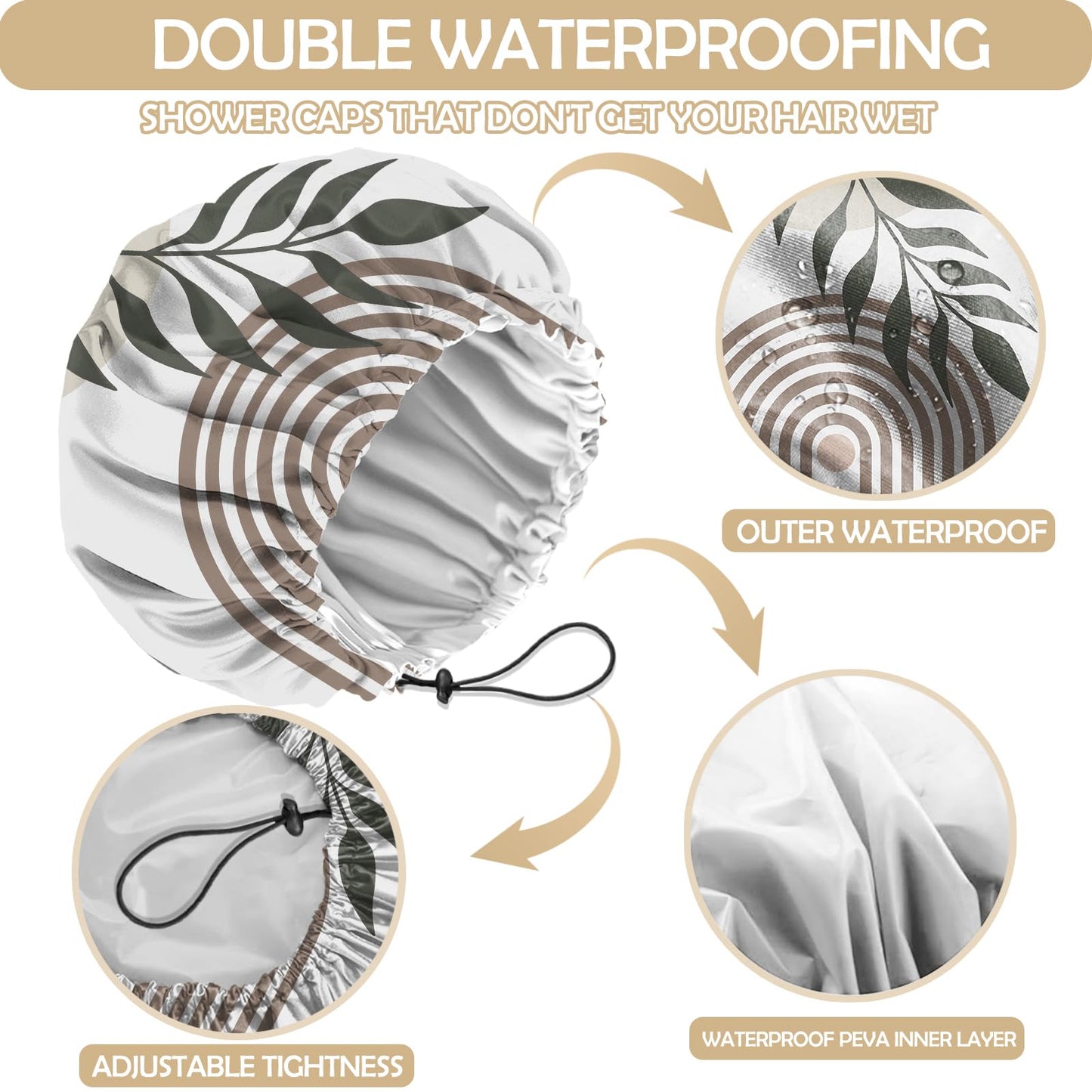 Zewurtuw 2 PCS Shower Cap Adjustable Reusable Double Waterproof Layer Elastic Hair Bath Cap Cute Aesthetic for Women Girls-Leaf