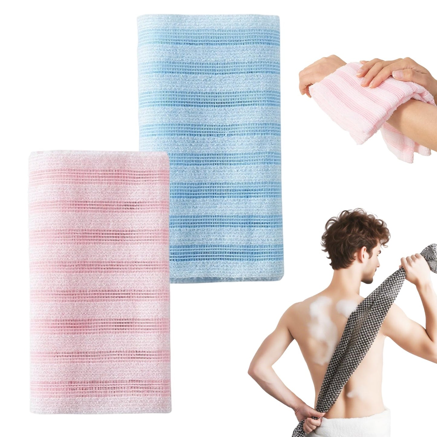 Exfoliating Shower Towel, 2026 New Soft Textured Exfoliating Bath Towel for Home, Rich Foaming Body Washcloth, Soft Foldable Back Scrub Towels, for Cleaning Body Skin (Pink1 + Blue1)