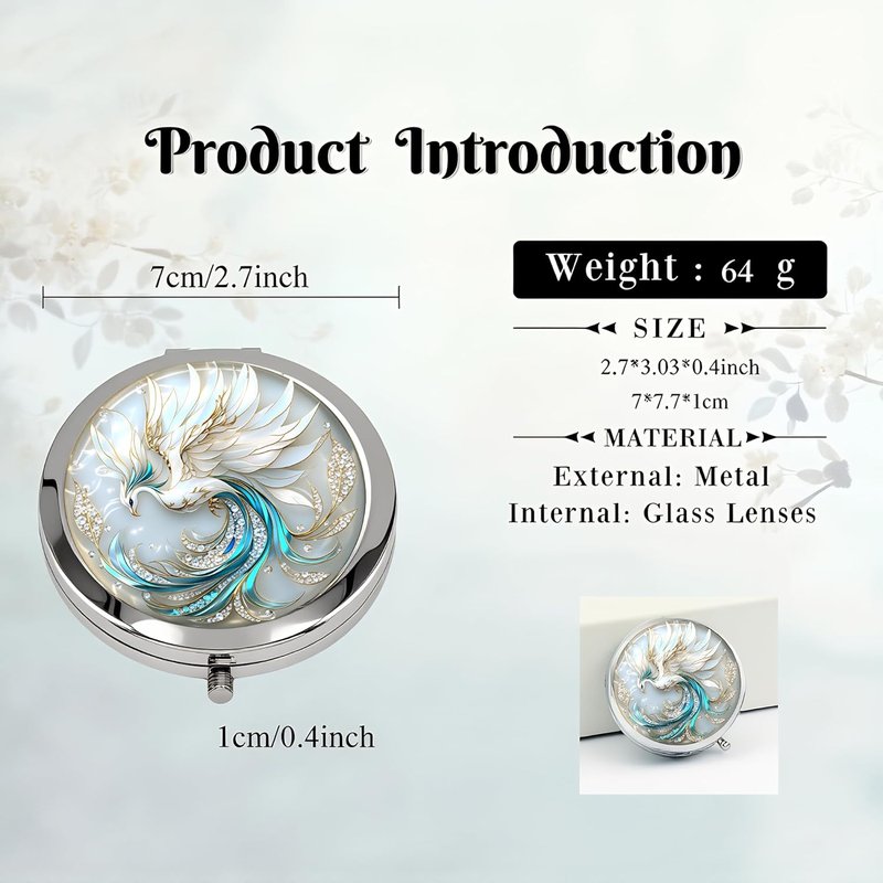 Double-Sided Compact Mirror - 2.8x2.8 Inch Folding Makeup Mirror with Elegant White Phoenix Design | Perfect Gift for Women
