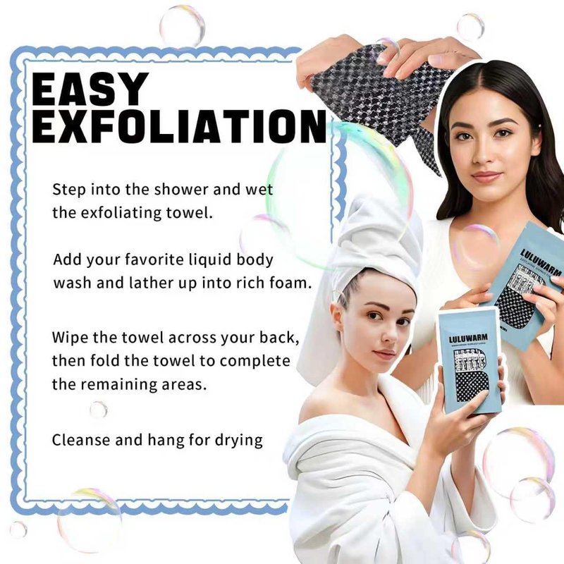 LULUWARM Exfoliating Shower Towel, Quick-Dry Double-Sided Body Scrubber, Oversized 48"x12" Extra Long to Clean Back & All Hard-to-Reach Spots, Gentle for All Skin,Black