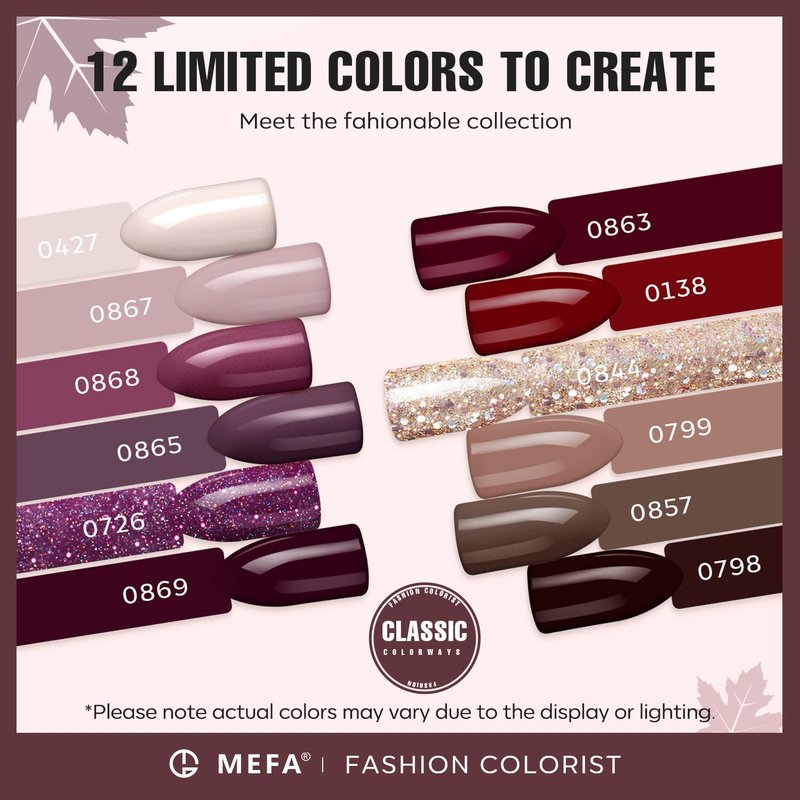 MEFA Gel Nail Polish Set, 12 Colors Fall Burgundy Red Nail Polish Set Champagne Gold Glitter Nail Polish Gel Soak Off Dark Red Purple Shimmer Nude Brown Manicure Gifts for Women Girl DIY Salon Home