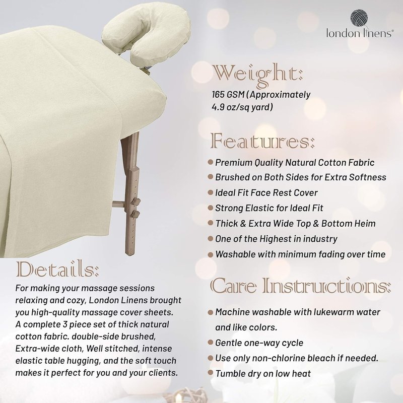 LONDON LINENS Pack of 2 Extra Thick 3 Piece Massage Table Sheets Set - 100% Natural Cotton Flannel - Includes Massage Table Cover, Massage Fitted Sheet, and Massage Face Rest Cover (Natural)
