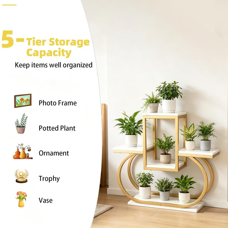 BAINAHUAN Plant Stand for Indoor & Outdoor Use – Gold Tiered Multi-Tier Flower Pot Holder for Living Room, Bedroom, Balcony – Modern Home Decor Storage Rack With Marble-Patterned Shelves