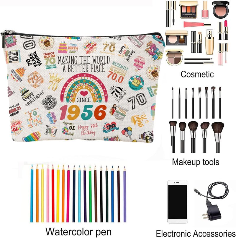 NONETH 70th Birthday Gifts for Women & Mom, 1956 Year Gifts Makeup Bag, 70 Year Old Decoration Gifts for Grandma Wife, Cosmetic Bag Organizer Zipper Pouch Gift for Retirement Anniversary