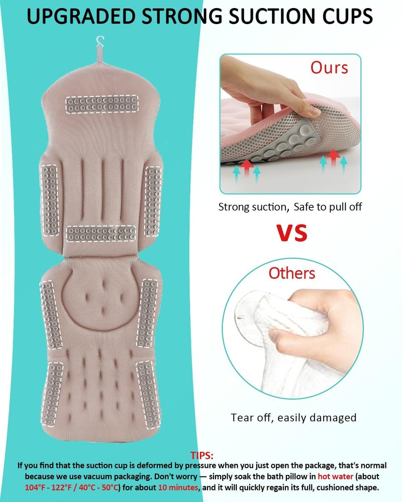 Full Body Bath Pillow for Bathtub, 5D Thick Tub Pillow for Bathtub with 192 Non-Slip Suction Cups, Laundry Bag & Hook, Bathtub Pillow for Head, Neck & Back Support (Pink, 51"*15")