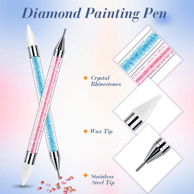 2 Pieces Rhinestone Picker Dotting Pen, Dual-ended Rhinestone Gems Crystals Studs Picker Wax Pencil Pen Crystal Beads Handle Manicure Nail Art DIY Decoration Tool (Light Blue Pink)