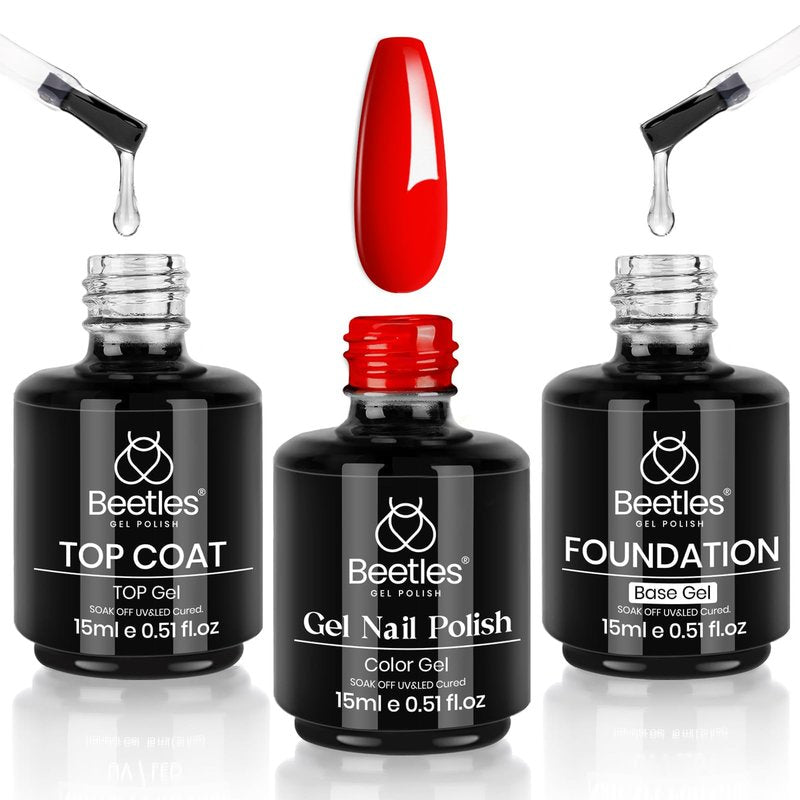 Beetles Red Gel Nail Polish Set 3Pcs 15ml – Cherry Red Soak Off UV/LED Gel, Long-Lasting High Gloss & Holiday Nail Colors, Salon Quality DIY Nails at Home