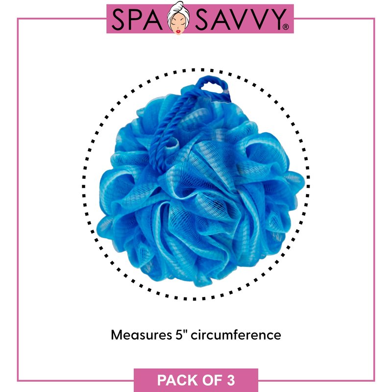 Spa Savvy Bath Loofah Set, 3 Pack Shower Pouf Body Sponges with Suction Cups, Exfoliating Bath Accessories for Men and Women, Multicolor