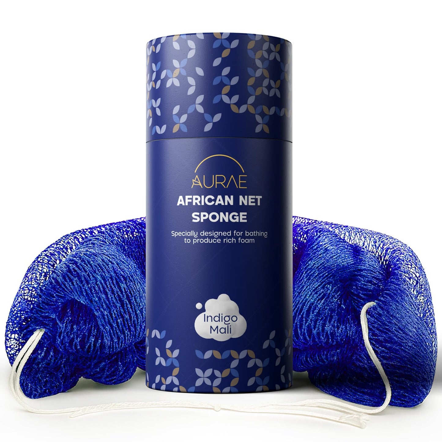 AURAE Premium African Net Sponge – Authentic Exfoliating Body Scrubber, 45-Inch, Quick-Drying – Blue