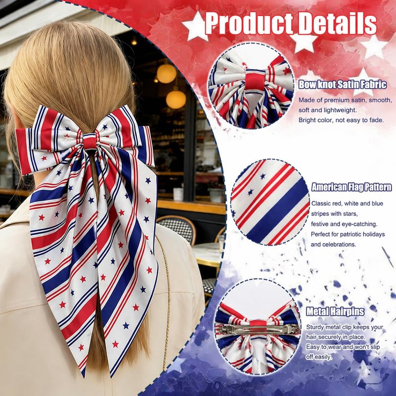 4th of July Hair Clips for Women 2 Pcs Red White Blue Star Stripes USA Flag Big Bows Oversized Long Tail Design with Non-Slip Alligator Clips Patriotic Independence Day Memorial Day Accessories Gifts
