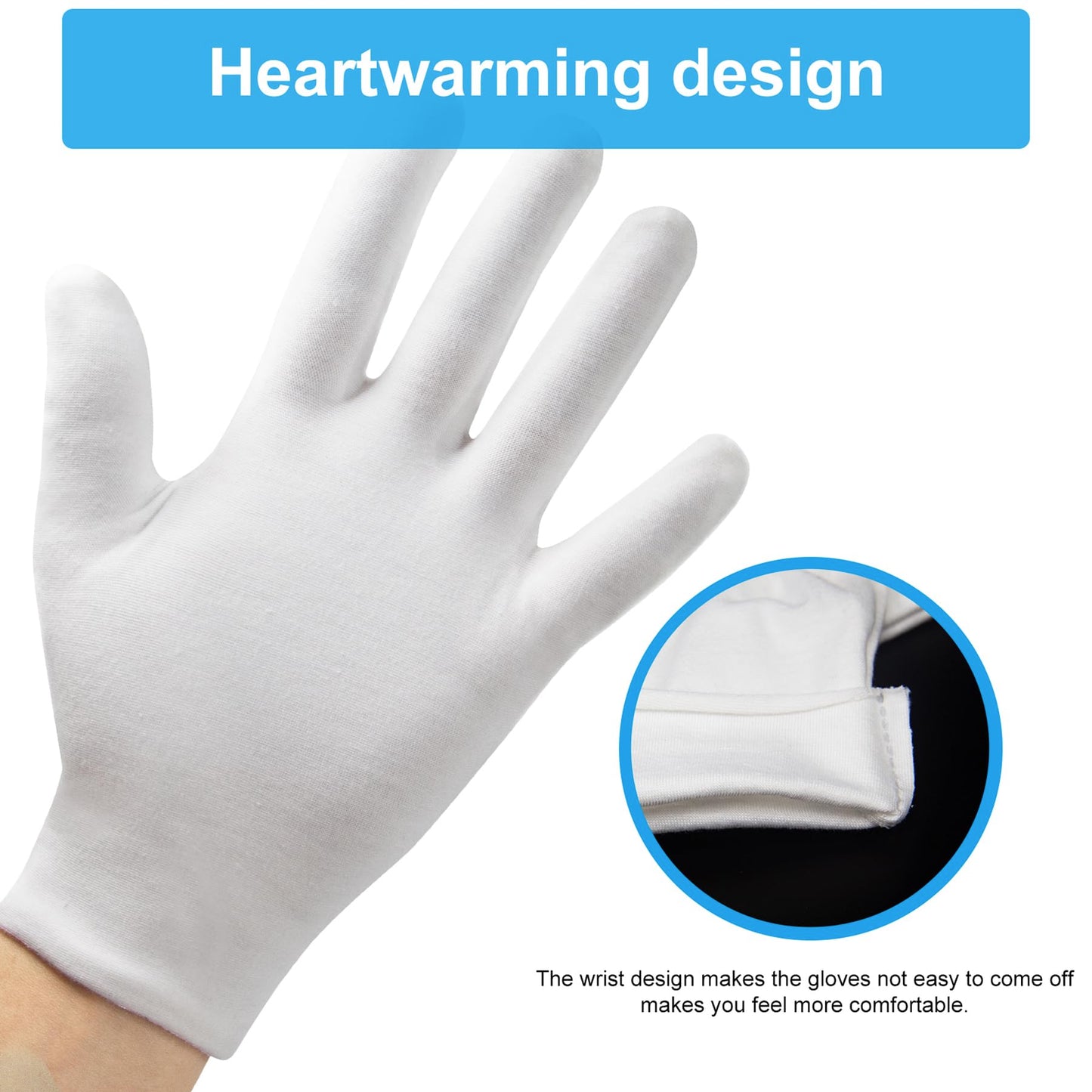 White Gloves, 6 Pairs(12 Pcs) Thinck Cotton Gloves for Dry Hands Sleeping, Moisturizing Gloves Spa Eczema Overnight, Work Gloves for Coin Jewelry Service