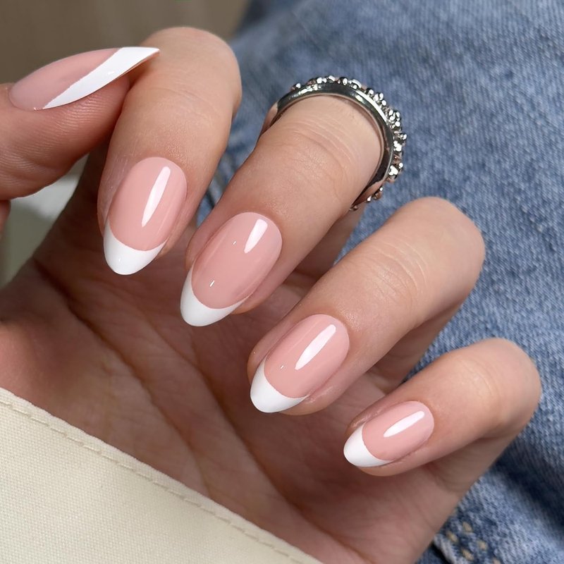 CurvLife Press On Nails - Medium Almond White French Tip | Reusable Soft Gel Glossy Manicure, 30pcs