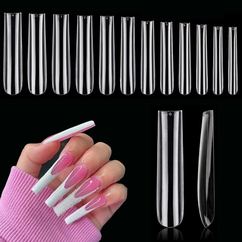 3XL Clear Nail Tips - 504PCS Extra Long Tapered Square Full Cover | 12 Sizes for Acrylic Nails & DIY