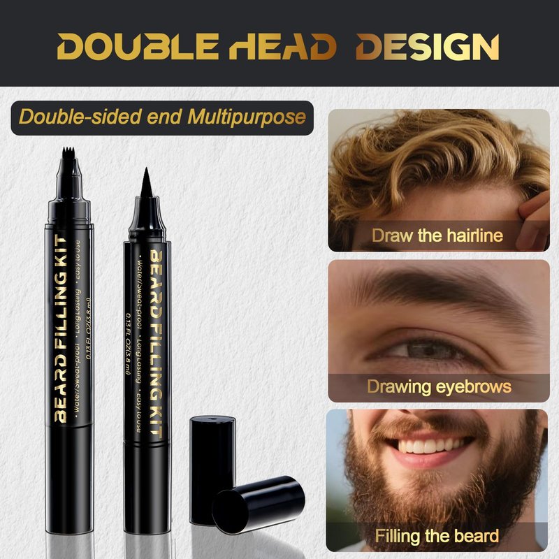 Beard Pen Beard Pencil Filler for Men Beard Filler 4 Tip Pen for Natural Looking Beard 2PCS Beard Pencil & 1PCS Double Head Beard Brush Double Head Four Fork Eyebrow Pencil Eyeliner (Dark Brown)