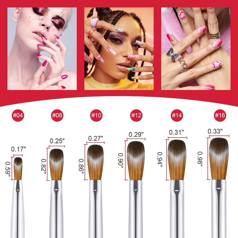 6PCS Acrylic Nail Brush Set, Kolinsky Hair, Oval Crimped Pressed Shaped, Red Metal Handle, Professional Manicure for DIY Home Salon - Sizes 4/8/10/12/14/16