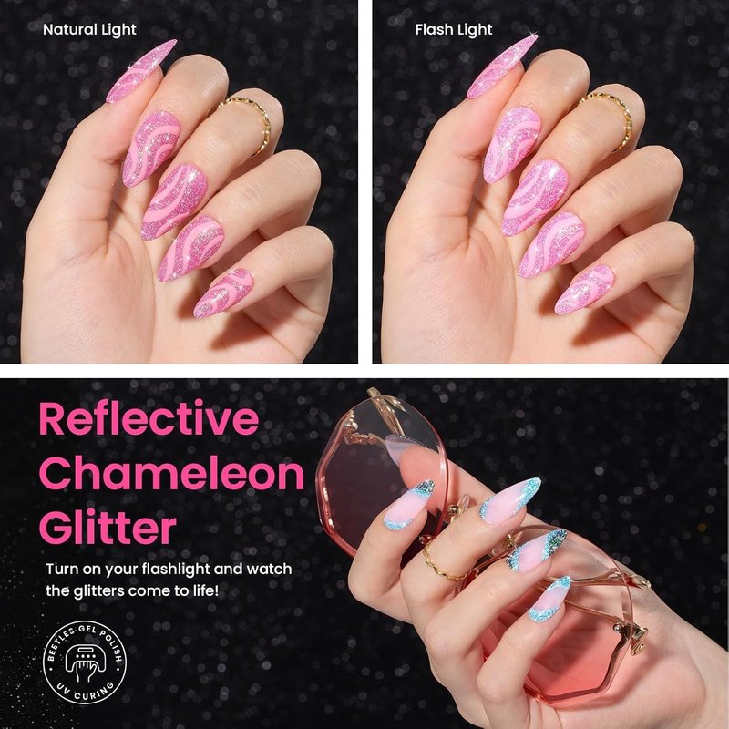 Beetles Chameleon Gel Nail Polish Set | 6 Sparkling Colors - Pink, Purple, Blue Glitter for DIY Manicure