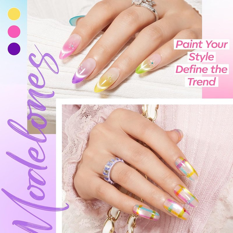 Modelones Gel Nail Polish Set - 6 Summer Nude Cat Eye Colors | Translucent Bright Neon Shades with Magnet & Liner Brush
