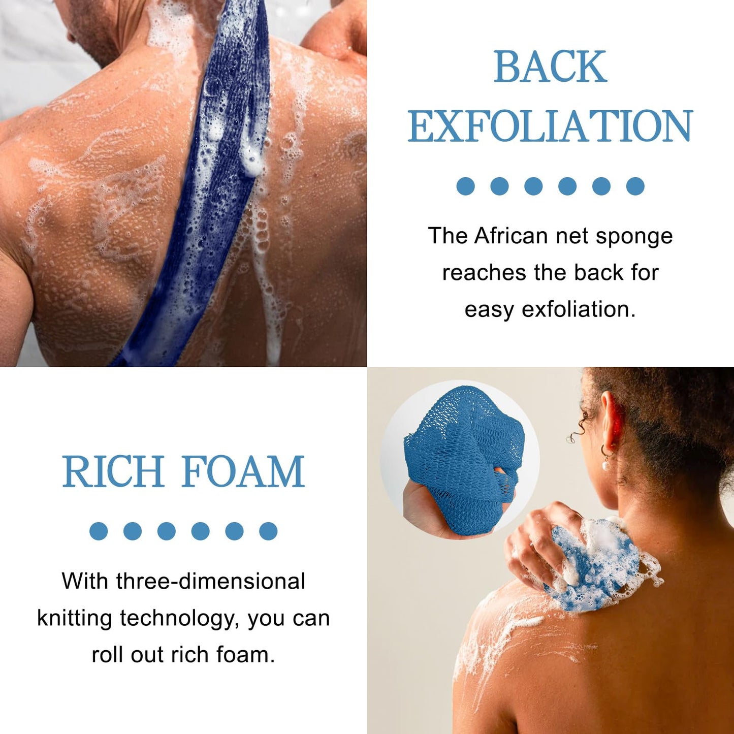2 Pieces Authentic African Net Sponge, Long Nylon Exfoliating Net Sponge Back Body Washcloth for Deep Clean and Smooth Skin, African Net Sponge Stretch Length to 63 inches (Blue, Blue)