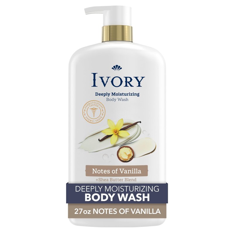 Ivory Body Wash, Deeply Moisturizing, 24hr Nourishing Hydration, Soothes Itchy Dry Skin, Made with Shea Butter Blend, Free of Dyes Heavy Perfumes Parabens & Phthalates, Vanilla Scent, 27 oz