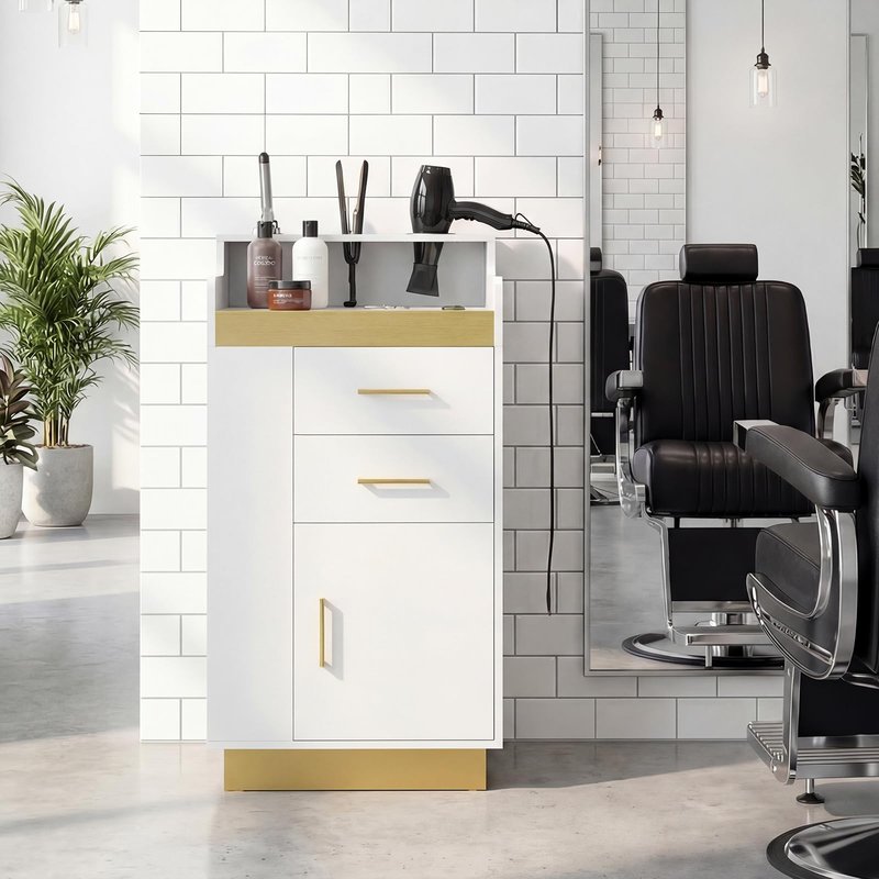 Oakvera Salon Station for Hair Stylist, Barber Station Salon Storage Systems with 3 Hot Tools Holders, a Tray, a Large Storage Cabinet & 2 Drawers for Barbershop, Beauty & Nail Salon, White