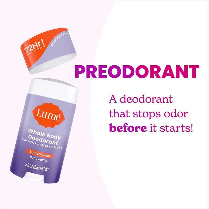 Lume Whole Body Deodorant - Smooth Solid Stick - 72 Hour Odor Control - Aluminum Free, Baking Soda Free and Skin Loving - 2.6 Ounce (Pack of 3) (Soft Powder)
