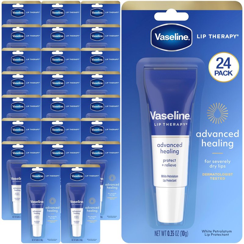 Vaseline Lip Therapy Advanced Healing Lip Balm Tube 24-Pack – White Petroleum Protectant, Moisturizer for Dry Lips, 0.35 Oz Ea