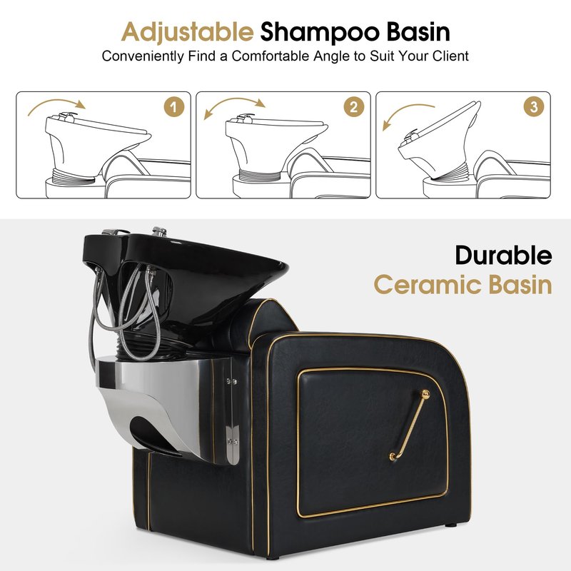 BarberPub Backwash Shampoo Chair and Bowl Set, Adjustable Porcelain Ceramic Wash Bowl Sink Unit, Luxurious Shampoo Station Chair for Spa Beauty Salon Hair Salon 9175 (Luxurious, Black)