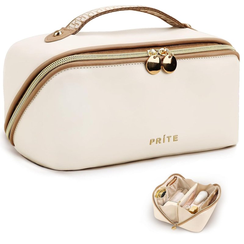 Prite Makeup Bag for Women Travel Waterproof Vegan Leather Cosmetic Bag Open Flat Toiletry Bag With Clear Divider and Handle (Beige, Medium)
