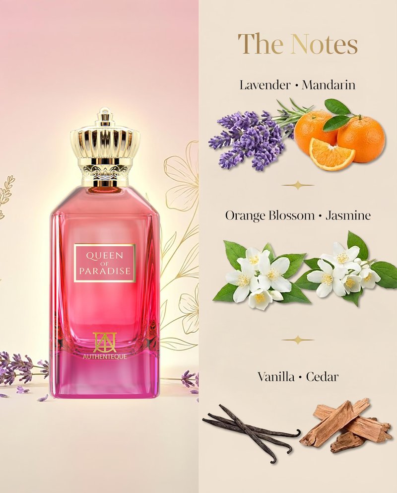 AUTHENTEQUE - Queen of Paradise Long Lasting Perfume for Women - Eau de Parfum - Vanilla, Lavender, Mandarin Fragrance Luxury Arabian Perfume 3.4oz (100ml)