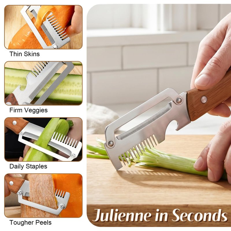 2026 Upgrade Vegetable Peeler With Wooden Handle, Stainless Steel Wide Blade Potato and Carrot Peeler, 3-in-1 Veggie Peeler With Scallion Shredder and Bottle Opener for Kitchen, Camping and Travel