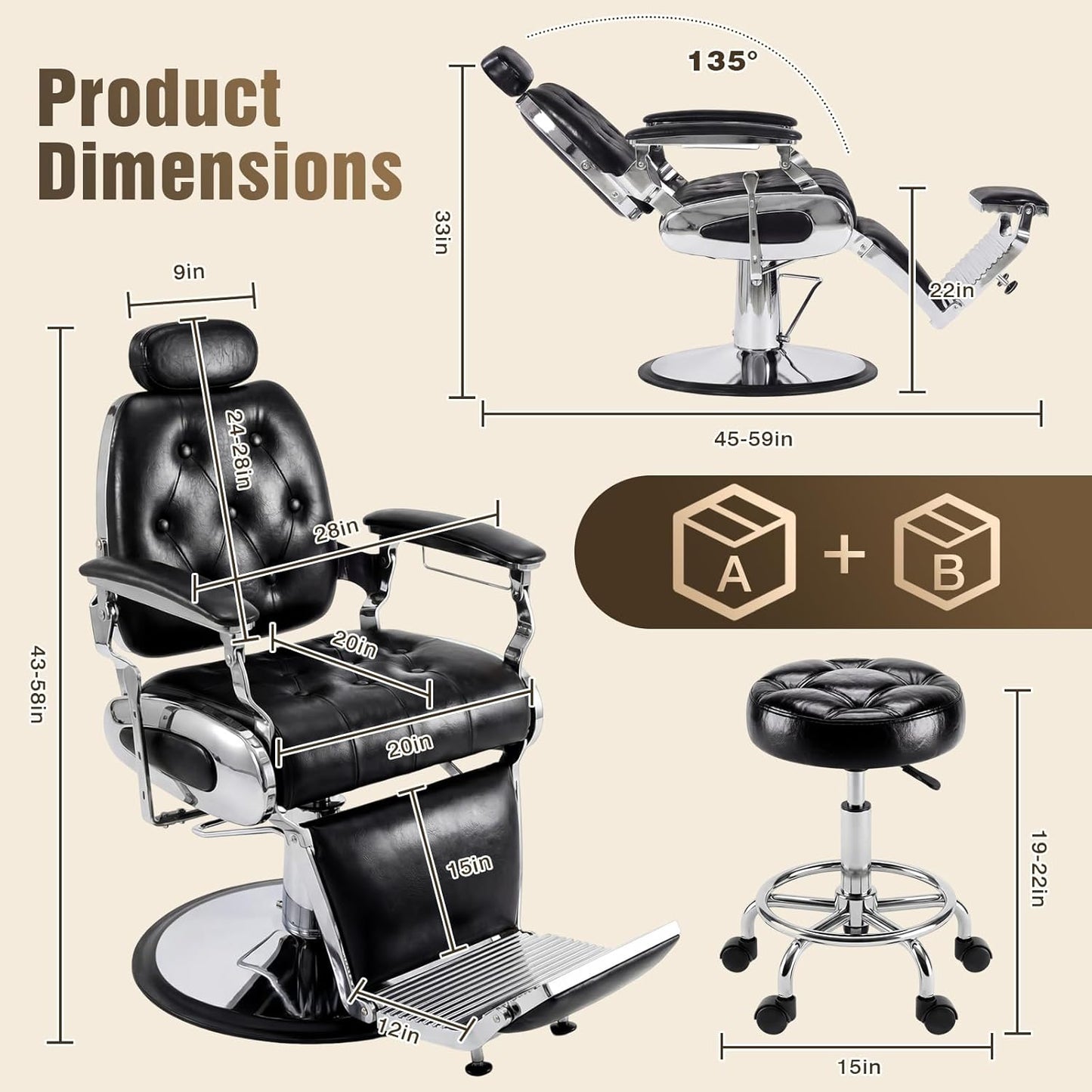 Vintage Hydraulic Barber Chair - Heavy Duty 360° Swivel Salon Chair | Black & Silver