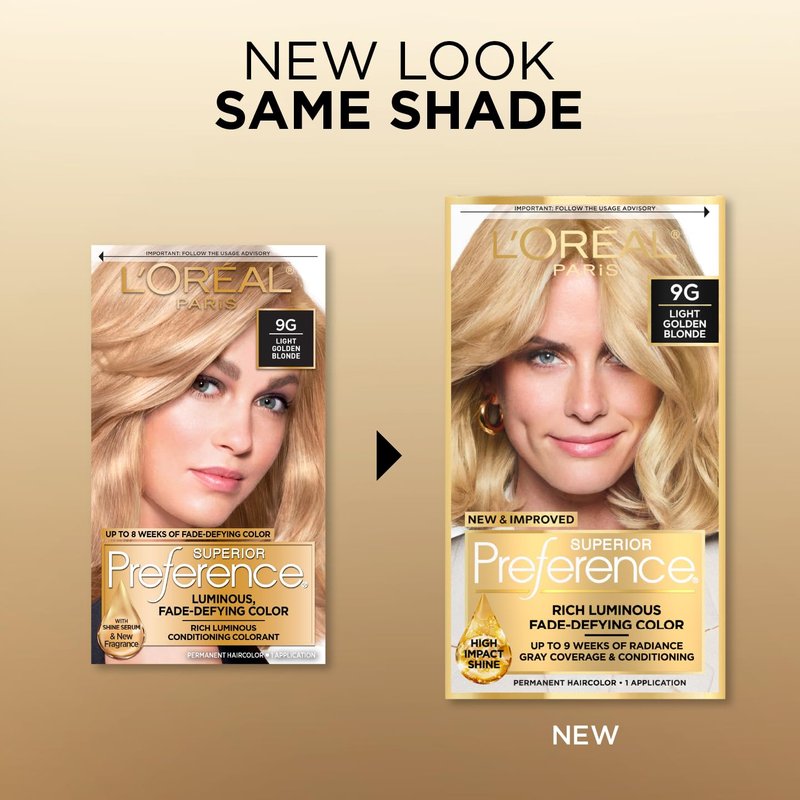 L'Oreal Paris Superior Preference Luminous Fade-Defying Permanent Hair Color, Hair Dye For Up to 9 Weeks of Radiance, Light Golden Blonde 9G, 1 Hair Dye Kit