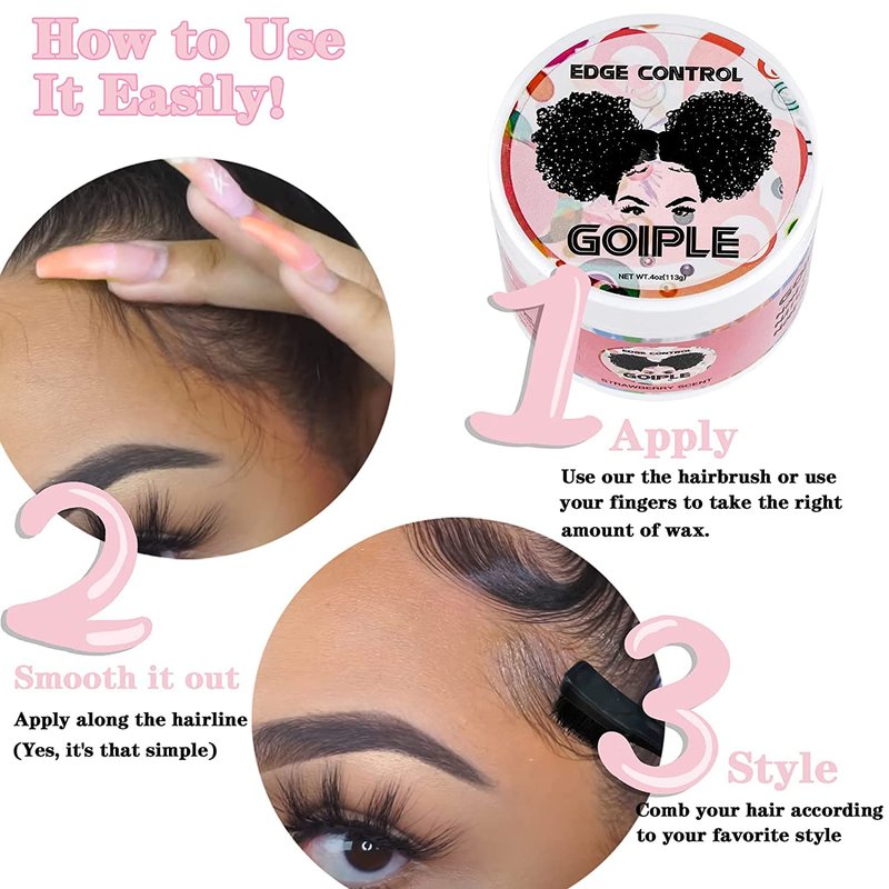 Goiple Edge Control Wax - Strong Hold Non-Greasy Smoother for Women | Strawberry Scent, 4oz + 2 Brushes + 2 Elastic Bands
