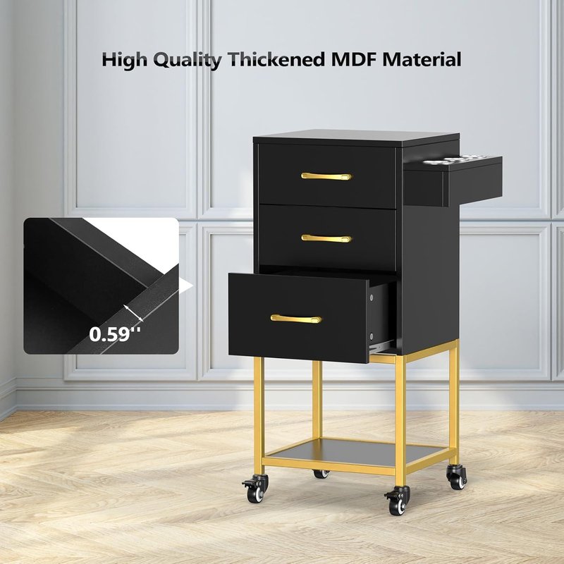 Beauty Salon Storage Trolley Cart - Wooden Hair Cabinet with Dryer Holder & Drawer | Black Hairdressing Organizer for Stylist