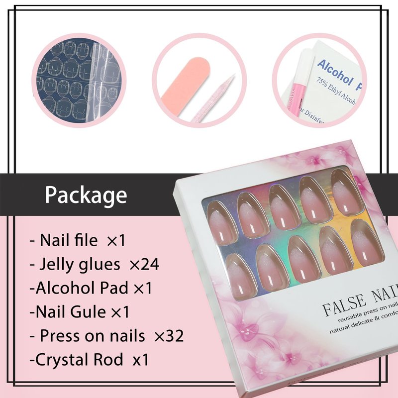IQXGE Pink Ombre Acrylic Press on Nails Short Almond Acrylic Nails Press Ons Full Cover Glue on Fake Nail with Silver Glitter Designs Reusable Artificial Stick on False Nail for Women 32Pcs
