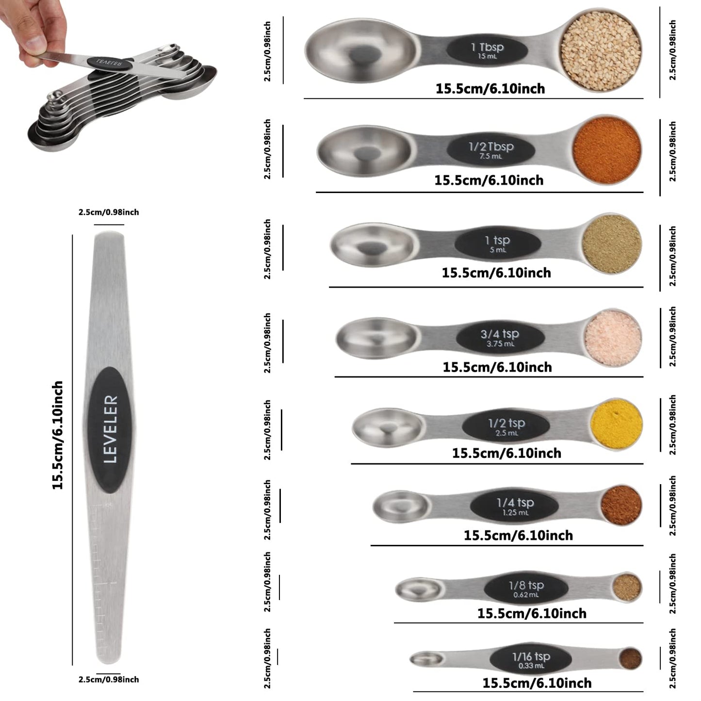 Measuring Spoon Set of 9 Magnetic Measuring Spoons Dual Sided Stainless Steel Measuring Spoons Stackable Nesting Tablespoon Teaspoon, Fits in Spice Jars, for Dry or Liquid Ingredients