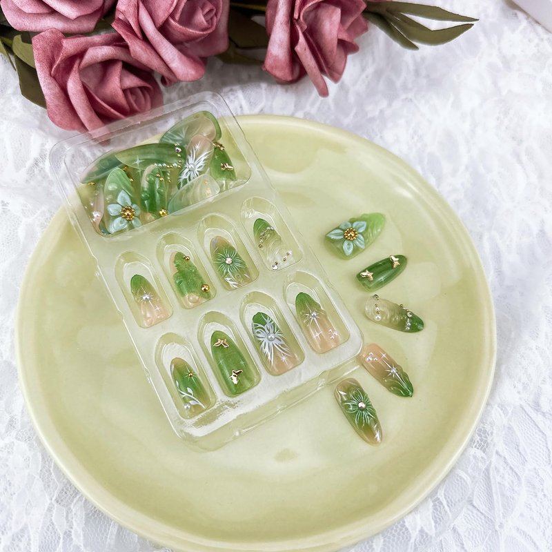 Skiennix 30pcs Green Press-On Nails - Medium Almond Shape with 3D Floral & Rhinestone Design