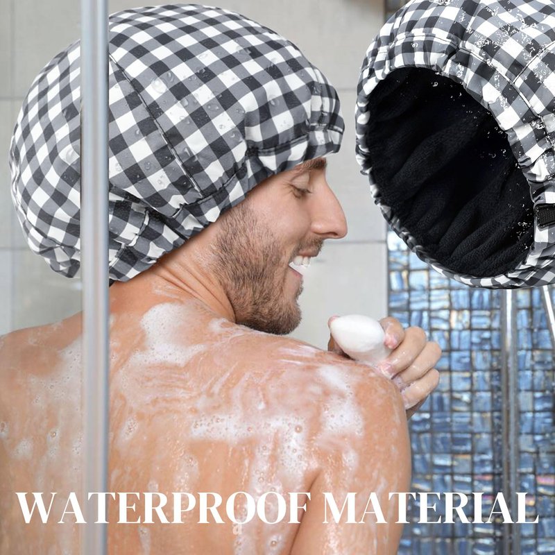 Shower Cap for Men Black White Plaid Bath Cap, Reversible Large Waterproof Adjustable Shower Caps Terry Lining & Elastic Band Stretch Hem Hair Hat