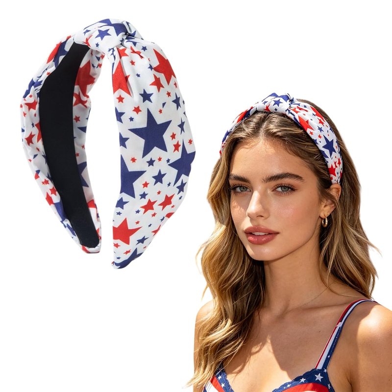 Regine Switzerland Patriotic Knotted Headband - Red, White & Blue Star Print | Comfortable Non-Slip Hairband for Women
