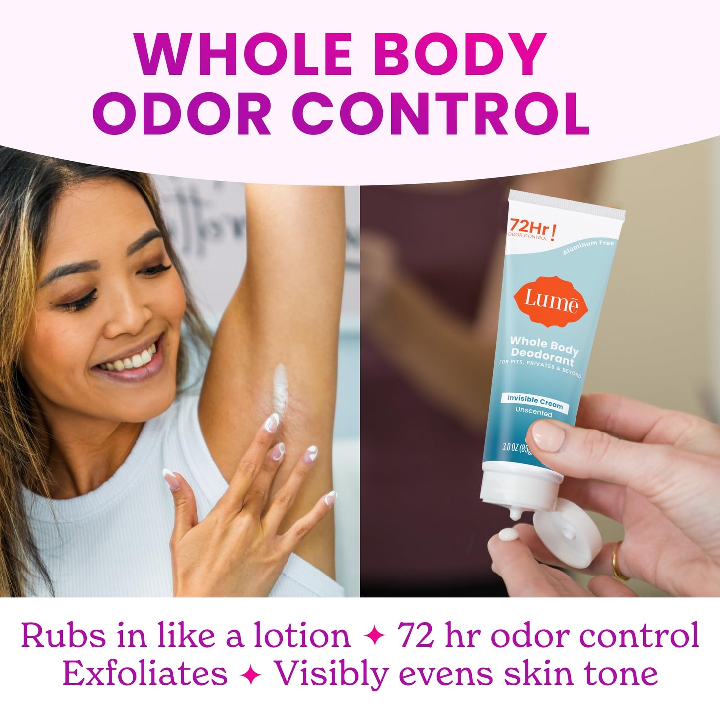 Lume Whole Body Deodorant - Invisible Cream Tube - 72 Hour Odor Control - Aluminum Free, Baking Soda Free, Skin Safe - 3.0 ounce (Pack of 2) (Unscented)