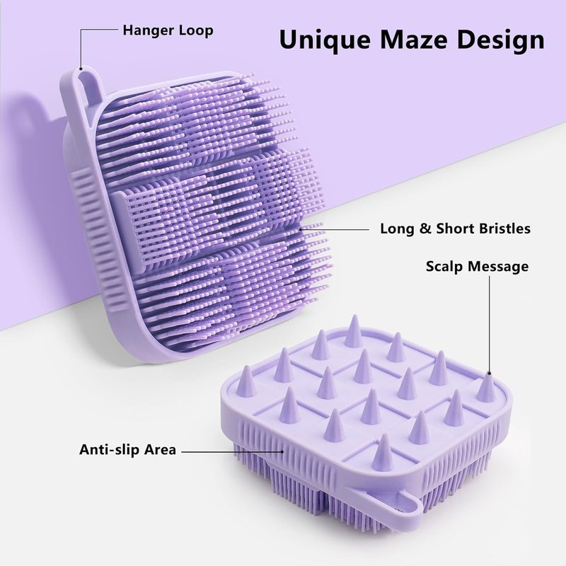 Mabnuby 2 Pack Silicone Body Scrubber, Exfoliating Silicone Loofah Shower Scrubber for Men & Women, 2-in-1 Food-Grade Antibacterial Dual-Sided Bath & Shampoo Brush for Sensitive Skin, Purple + Green
