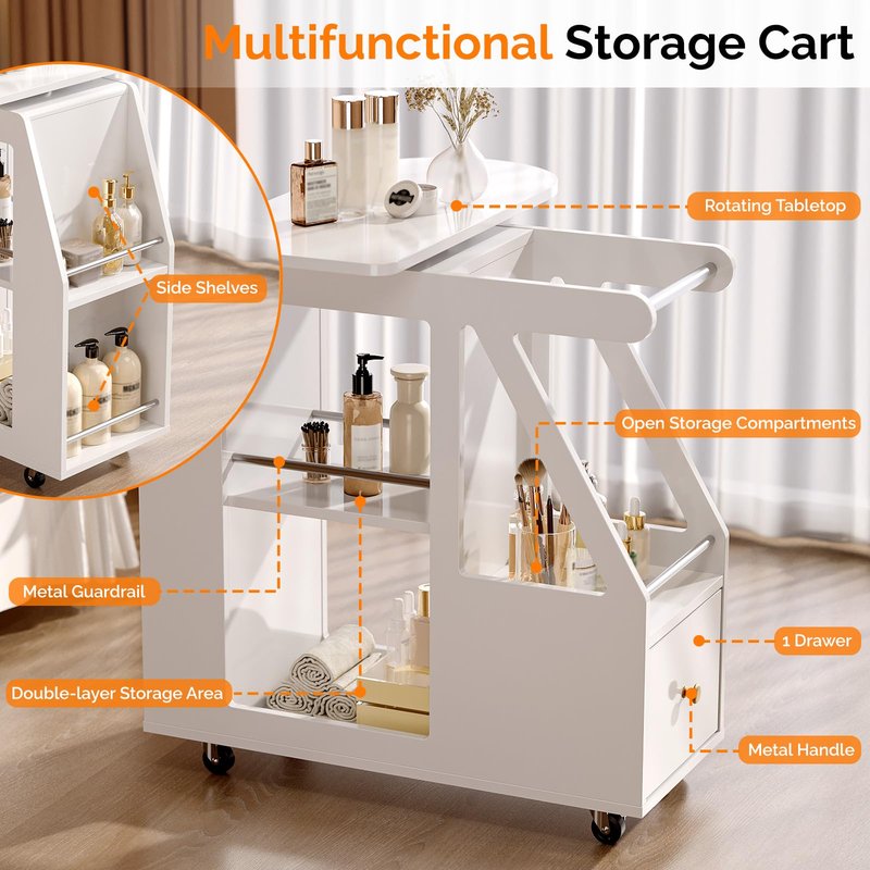 Esthetician Cart with Wheels, Salon Cart Tool Organizer, Utility Trolley with 1 Drawer, 5 Open Shelf, Side Table Mobile Storage Cabinet for Beauty Salon Spa, White