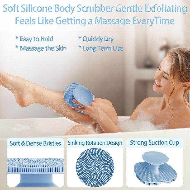 ARIOSOX, Soft Silicone Body Scrubber, Gentle Like a Hand Exfoliating Your Skin and Build Up Lather Easily, Back Large Suction Cup Easy to Store, Long-Lasting & Deep Clean (Blue)