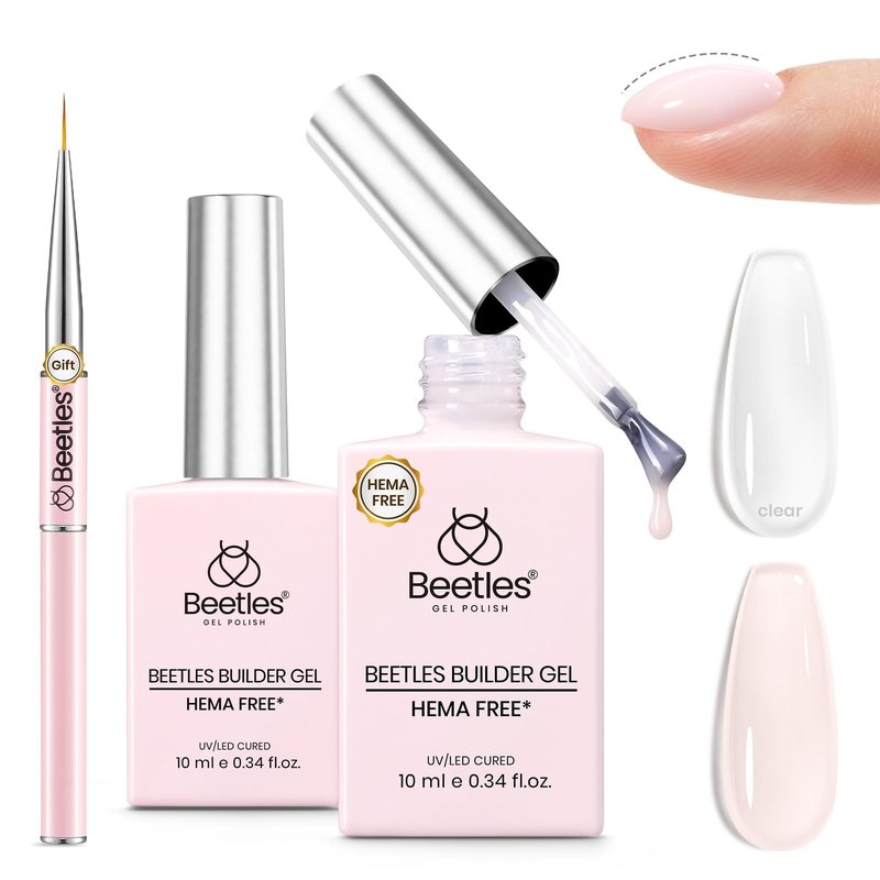 Beetles Builder Gel for Nails HEMA & TPO FREE-2 Colors Clear & Jelly Nude Building Gel with Nail Brush,Strengthening Nails Building Apex & Extension for Beginner DIY UV Nail Salon at Home,Peach Skin