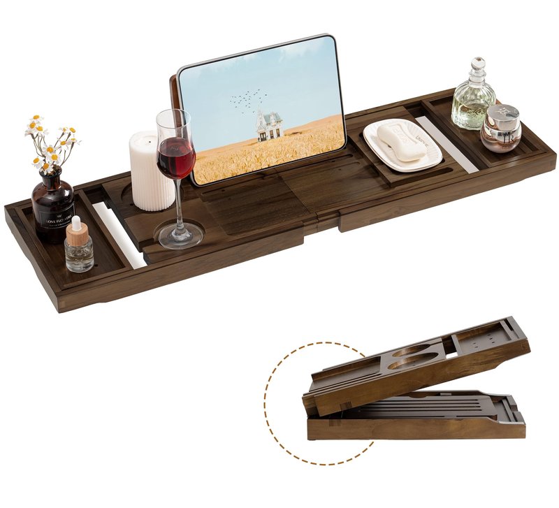 Teak Bathtub Tray, Wooden Tray Caddy for Bathtub, Luxury Bathroom Trays for Home Spa Relaxation, Teak Bathtub Caddy as Housewarming, Wedding Gifts for Women (Walnut Teak)