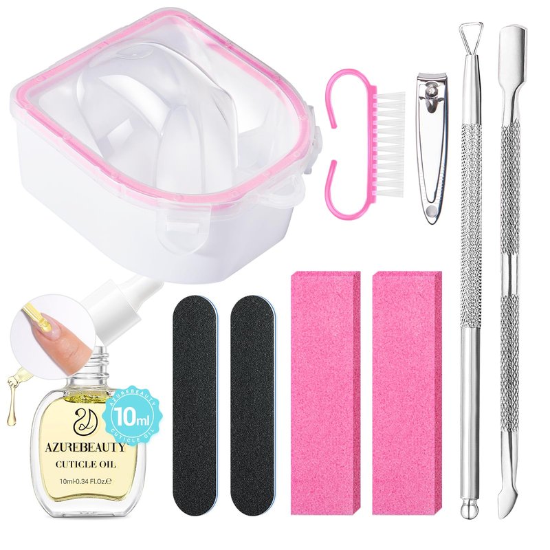AZUREBEAUTY Nail Soaking Bowl, Soak Off Dip Powder Gel Polish Remover, Manicure Bowl for Hand with 15ml Cuticle Oil Nail Art Tools, Nail Brush, Cuticle Pusher, Cuticle Peeler, Nail File Buffer