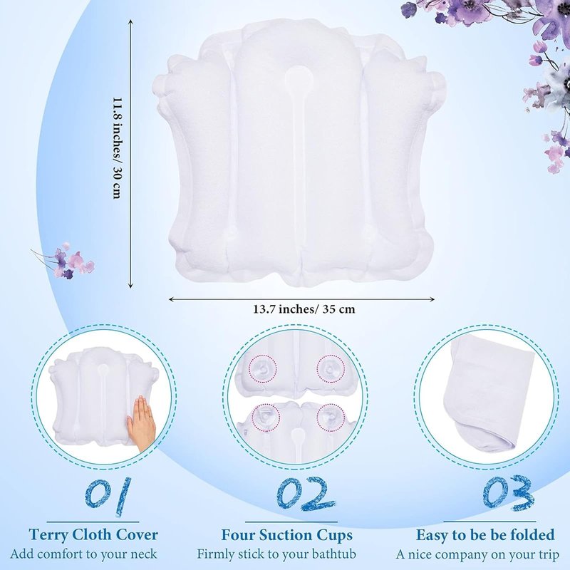 Jetec 2 Pcs Inflatable Bath Pillow with Suction Cup Terry Cloth Covered Bath Pillow Shell Shape Bathtub Spa Pillows Comfortable Soft Cushion Neck Support Fits All Pool Bathroom Home Spa Hot Tub