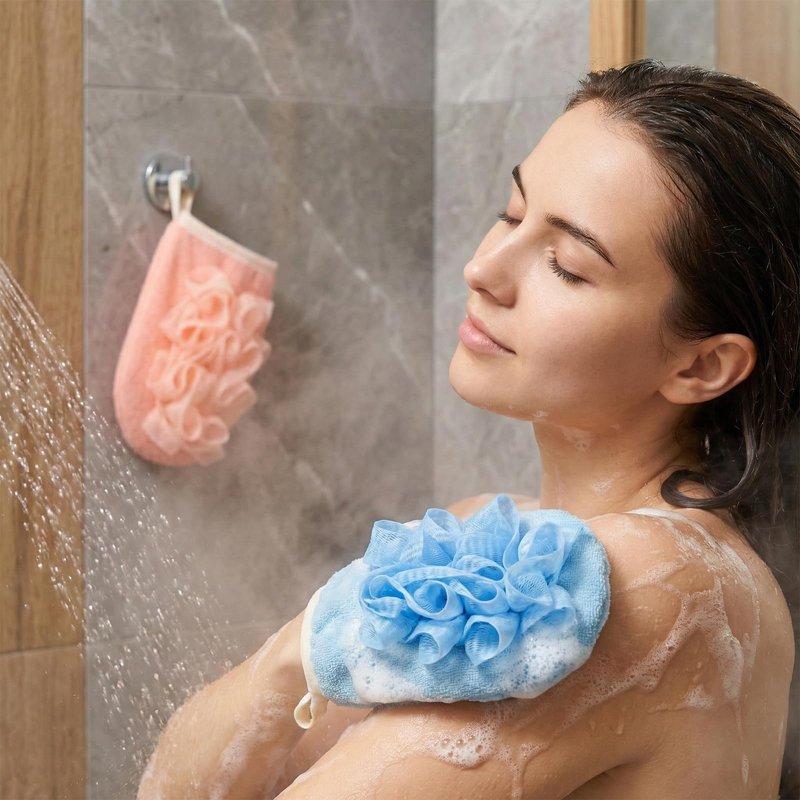 2 PCS Larger Lightweigh Travel Size Loofah, Terry Cloth Small Mini Travel Sponges, Exfoliating Bath Sponges, Bath Shower Pouf for Women Men Gentle Skin Cleansing Body (Pink, Blue)
