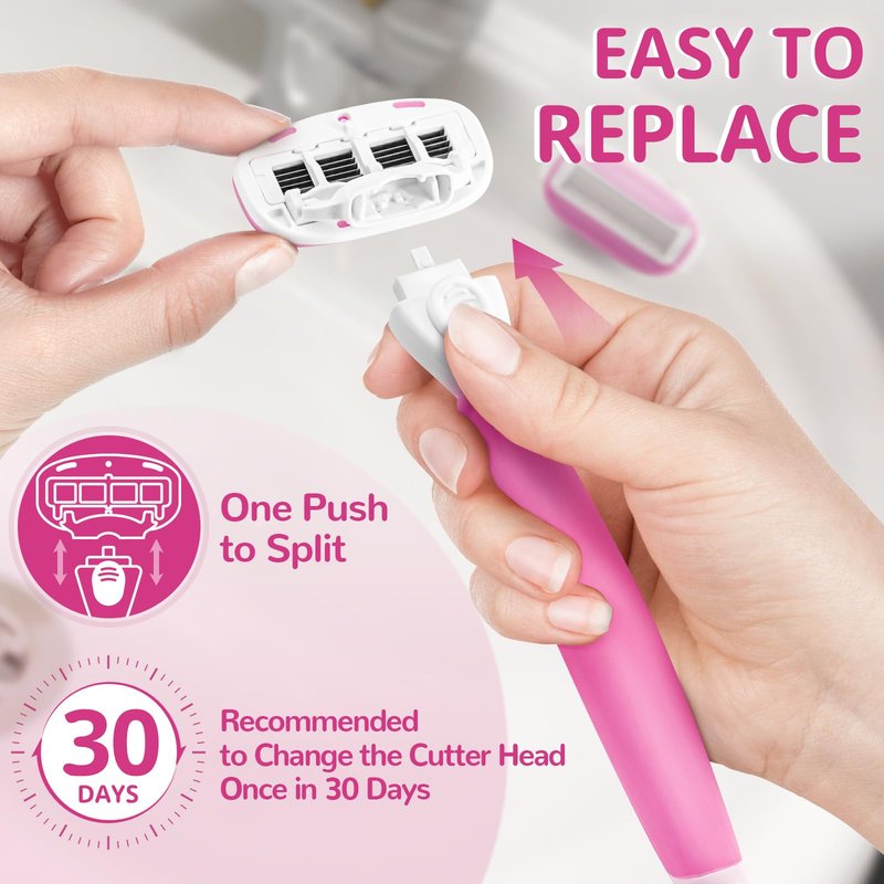 Razors for Women Include 2 Non-Slip Handles and 14 Blade Refills with a Shower Holder, 5 Premium Blades Women's Razors for Shaving with 360° Lubrication Reduces Irritation, Pink
